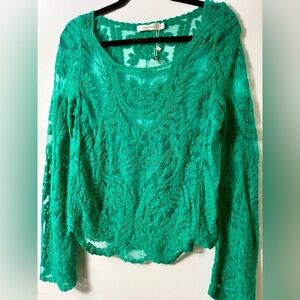 Simply Couture Gorgeous Emerald Green Lace Long Sleeve Blouse NWT XL